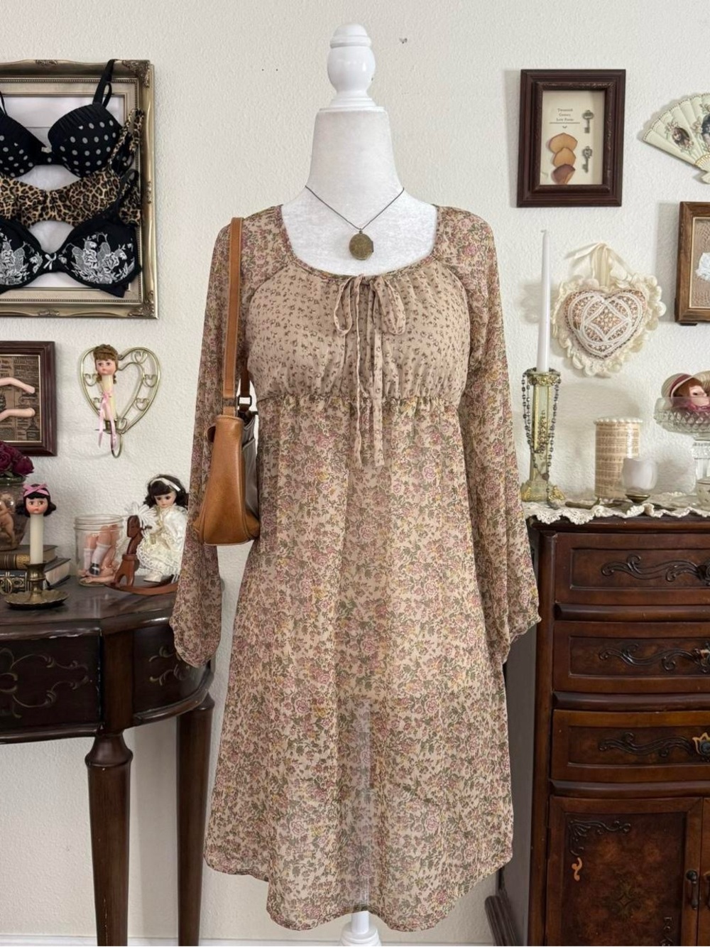 Boho whimsical dainty coquette floral‎ cottagecore babydoll dress | size M